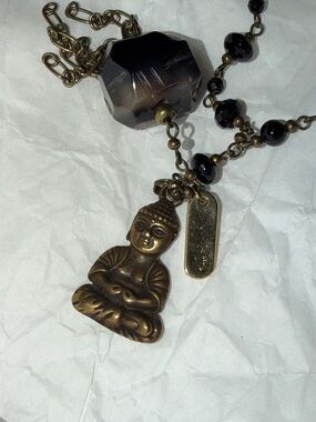 Antique Brass Buddha Pendant Necklace with Black Beads